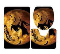 Bath Mat Set 3 Piece Moon Yellow Witch Non Slip Mat for Bathroom Washable Bath Carpet Memory Foam Bathroom Rug Toilet Lid Cover U-shaped Toilet Mats Set 45x75 cm