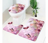 Bath Mat Set 3 Piece Pink Butterfly Flower Non Slip Mat for Bathroom Washable Bath Carpet Memory Foam Bathroom Rug Toilet Lid Cover U-shaped Toilet Mats Set 50x80 cm