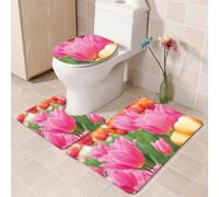 Bath Mat Set 3 Piece Pink Orange Flowers Non Slip Mat for Bathroom Washable Bath Carpet Memory Foam Bathroom Rug Toilet Lid Cover U-shaped Toilet Mats Set 50x80 cm