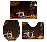 Bath Mat Set 3 Pieces American West Rodeo Straw Cowboy Hat Leather Boots On Rustic Wood Board Toilet Rugs Set Absorbent Door Mat Soft Sets Bath Rugs For Floor Room Shower