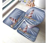 Bath Mat Set 3 Pieces Candy Cane Lighthouse Illuminating The Night Bathroom Rug Breathable Toilet Rugs Set Soft Door Mat For Kitchen Shower Room