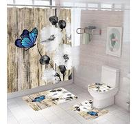 Bath Mat Set 4 Piece Bath Mat Non Slip Anti Mould For Bathroom,Soft And Absorbent Bath Rugs, Memory Foam U-Shaped Contour Mats And Toilet Seat Covers 45X75Cm Butterfly Flower