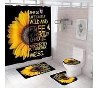 Bath Mat Set 4 Piece Bath Mat Non Slip Anti Mould For Bathroom,Waterproof Shower Curtain, Soft And Absorbent Bath Rugs, Memory Foam U-Shaped Contour Mats, Toilet Seat Covers 50×80Cm Sunflower