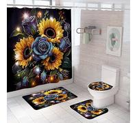Bath Mat Set 4 Piece Bath Mat Non Slip Anti Mould For Bathroom,Waterproof Shower Curtain, Soft And Absorbent Bath Rugs, Memory Foam U-Shaped Contour Mats, Toilet Seat Covers 45X75Cm Sunflower