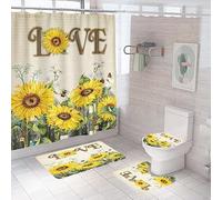 Bath Mat Set 4 Piece Bath Mat Non Slip Anti Mould For Bathroom,Waterproof Shower Curtain, Soft And Absorbent Bath Rugs, Memory Foam U-Shaped Contour Mats, Toilet Seat Covers 50×80Cm Sunflower