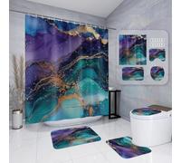 Bath Mat Set 4 Piece Bath Mat Non Slip Anti Mould For Bathroom,Waterproof Shower Curtain, Soft And Absorbent Bath Rugs, Memory Foam U-Shaped Contour Mats, Toilet Seat Covers 45X75Cm Purple Marble
