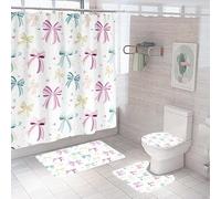 Bath Mat Set 4 Piece Bath Mat Non Slip Anti Mould For Bathroom,Waterproof Shower Curtain, Soft And Absorbent Bath Rugs, Memory Foam U-Shaped Contour Mats, Toilet Seat Covers 45X75Cm Bow