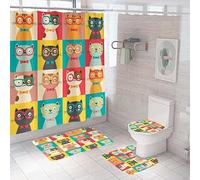 Bath Mat Set 4 Piece Bath Mat Non Slip Anti Mould For Bathroom,Waterproof Shower Curtain, Soft And Absorbent Bath Rugs, Memory Foam U-Shaped Contour Mats, Toilet Seat Covers 45X75Cm Cat