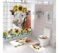 Bath Mat Set 4 Piece Bath Mat Non Slip Anti Mould For Bathroom,Waterproof Shower Curtain, Soft And Absorbent Bath Rugs, Memory Foam U-Shaped Contour Mats, Toilet Seat Covers 45X75Cm Sunflower