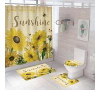 Bath Mat Set 4 Piece Bath Mat Non Slip Anti Mould For Bathroom,Waterproof Shower Curtain, Soft And Absorbent Bath Rugs, Memory Foam U-Shaped Contour Mats, Toilet Seat Covers 45X75Cm Sunflower