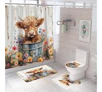 Bath Mat Set 4 Piece Bath Mat Non Slip Anti Mould For Bathroom,Waterproof Shower Curtain, Soft And Absorbent Bath Rugs, Memory Foam U-Shaped Contour Mats, Toilet Seat Covers 50×80Cm Highland Cattle
