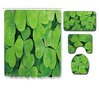 Bath Mat Set 4 Piece Bath Mat Non Slip Anti Mould For Bathroom,Waterproof Shower Curtain, Soft And Absorbent Bath Rugs, Memory Foam U-Shaped Contour Mats, Toilet Seat Covers 45X75Cm Green Leaves