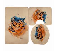 Bath Mat Set Blue Orange Tiger Toilet Mat Set for Bathroom 3 Piece Non Slip Memory Foam Washable U-Shaped Rug Toilet Lid Cover Decoration Bathroom Carpet 45x75 cm