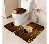 Bath Mat Set Brown Moon Witch Toilet Mat Set for Bathroom 3 Piece Non Slip Memory Foam Washable U-Shaped Rug Toilet Lid Cover Decoration Bathroom Carpet 45x75 cm