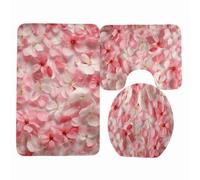 Bath Mat Set Pink Elegant Flower Toilet Mat Set for Bathroom 3 Piece Non Slip Memory Foam Washable U-Shaped Rug Toilet Lid Cover Decoration Bathroom Carpet 45x75 cm