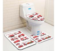 Bath Mat Sets 3 Piece Cartoon Red Fire Truck & White Bathroom Set Mat Rug Non-Slip Contour Rug Toilet Lid Cover and Bath Mat Soft Comfortable Water Absorbent Toilet Lid Cover Set