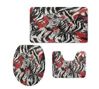 Bath Mat Zebra Black Red Non Slip Bathroom Door Mat 3 Pieces Doormat Water Absorbent U-Shape Toilet Bathmat Machine Washable Rug Bath Matt Bathroom Rug 45x75cm
