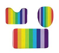 Bath Mats for Bathroom Sets ,3 Piece White Black / Rainbow Colors Striped Memory Foam Non-Slip Mats with Vertical Strips Anti Mould Washable Bathroom Mat ,U-Shaped Pedestal Rugs,Toilet Lid Cover (A2)