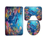 Bath Mats Sets 3 Pieces Blue Ocean Sea Animal Whale Jellyfish Coral Tropical Fish Pedestal Mat Toilet Mat Microfiber, Quick-Dry for Bathroom Shower