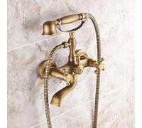 Bath Mixer Tap with Handheld Shower Head Double Cross Handle Wall Mounted Bath Shower Mixer Tap Brass Retro Hand Shower Set, Antique A
