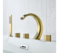 Bath Mixer Tap with Shower 5 Hole Waterfall Hot and Cold Water Double Handle Bath Tap-Brushed Gold