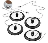 Bath Plug and Stainless Steel Chain 4 Pcs, Universal Kitchen Sink Plug Replacement Rubber Bathroom Drain Stopper, 42 mm to 45 mm Black Bath Plugs UK for Bathroom Kitchen