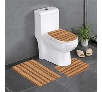 Bath Rugs Set 3 Pieces - Non-Slip Bath Mats, Toilet Lid Cover, U-Shaped Contour Toilet Rug Original Wood Color Texture Print