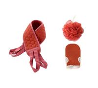 Bath Scrubber Set 3 Pcs Long Straps Fiber Sponge Red | Three-piece Bundle, Two Hand Loops, Deep Cleaning Design for Men and Women, Portable Bathroom Use
