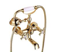 Bath Shower Mixer Tap Wall Mounted Bathtub Faucet Vintage Style Brass Dual Handle Bath Taps, Bathroom Tub Faucet, with Handshower and 1.5m Shower Hose, Gold