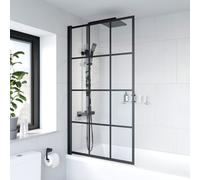 LUXURA® 1400 x 800mm Black Square Grid Over Bath Shower Screen Door 6mm Clear Toughened Safety Glass Panel 180° Pivot Bathroom Hinged Framed Bath Screens