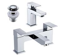 Bath Tap and Basin Taps with Basin Waste Set, Hapilife Modern Monobloc Bathroom Sink Mixer Taps and Dual Lever Bath Tub Filler Tap with Pop Up Waste, Chrome Bathtub Faucet