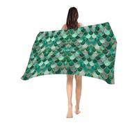 Bath Towel Green Grey Fish Scales Gold Waves Lines Kitchen Towel Personalized Women Pool Blanket, For Pilates, Swimming, Golf, 80x130cm