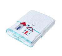HOMESCAPES Beach Hut Embroidered Bath Towel Blue, Red & White Seaside Patterned Large Towel 100% Cotton 550 GSM Super Absorbent Fluffy Holiday Beach Towel for Pool or Gym