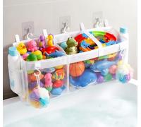 Bath Toy Storage Net, 60cm Large Quick Drying Bathroom Net Bath Toys Tidy, 2 Compartments & Multiple Hooks for Easy Hanging ,White