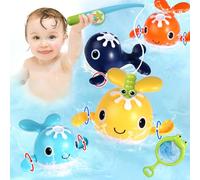 Bath Toys for Toddlers 1-3, Wind-Up Pool Set with Magnetic Fishing Rod & 4 Whales, Interactive Water Play Gift for Boys & Girls