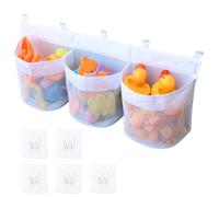 Bath Toys Storage Net, Large Hanging Bath Toy Organizer with 3 Compartment 60cm Quick-Drying Mesh Net for Bathroom Toy Accessing & Sorting Organiser Holder with 5 Strong Self-Adhesive Hooks