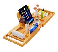Bath Tray, Foldable Luxury Bamboo Bathtub Caddy, Adjustable Bath Board with Book Rest, Phone, Tablet, Candle, Towel, Wine Glass Holder, Extendable Wooden Tray Bath-Shelf Fits Most Bathtub Sizes