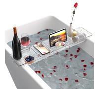 Bath Tray, Retractable Bath Caddy Tray, Waterproof Plastic Bath Rack, Compartments Bath Shelf over Bath for Candle Towel, Book, Wine, Phone, Shower, Bath Table