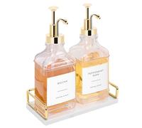 BathAce Coffee Syrup Dispenser for Coffee Bar, Clear Glass Syrup Bottles with Pump, Refillable Maple Syrup Storage, Coffee Station Accessories and Organizer, 500ml, Set of 2 + Tray (Gold)