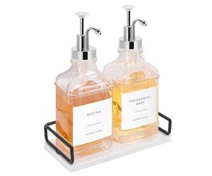 BathAce Coffee Syrup Dispenser with Marble Tray, Clear Glass Syrup Bottles with Pump, 2×500 ML Refillable Maple Syrup Dispenser, 1×Luxurious Small Tray, Coffee Bar Accessories(Chrome Finish)