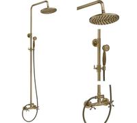 Bathfinesse Antique Brass Outdoor Shower Kit, Exposed Pipe Shower System Set, Rainfall Outside Shower Features Two Handle High Pressure, Wall Mount
