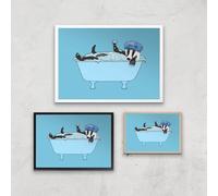 Bathing Badger Giclee Art Print - A4 - Wooden Frame