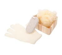 Bathing Scrubbing Set 20g Heart Shaped with Wooden Tray | Pe Sponge Block, Pumice Stone and Bath Ball, Loofah Section Included, Reusable Hand-held Wash Tools