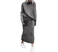 Bathing Suit Long Skirt Fashion Winter 2 Piece Ribbed Knitted Wool Sweater Turtleneck Women Set Female Elegant Women Casual Dresses Swim Bottoms for Women (Grey, S)