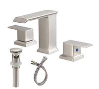 BATHLAVISH Bathroom Faucet 3 Holes Brushed Nickel Wide Waterfall 8" Matte Black with Pop Up Drain with Overflow Solid Brass Basin 2 Handle Modern Square