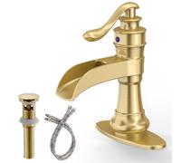 BATHLAVISH Brushed Gold Bathroom Faucet, Waterfall Bathroom Sink Faucet, 1 Hole Single Handle Farmhouse Lavatory Vanity Deck Mount Vintage with Pop Up Drain with Overflow Parts Mixer Tap