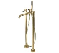 BATHLAVISH Freestanding Bath Faucet Brushed Gold Two Handle Floor Mounted Bath Filler Stand Shower Faucets with Hand Brass Mixer Taps
