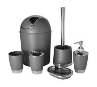 Bathlux Modern Design 6 Piece Bathroom Accessory Set, Toilet Brush, Waste Bin, Soap Dish, Tooth Brush Holder Soap Dispenser, Rinse Cup (Grey)