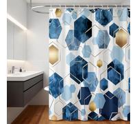 BATHPROVE Modern Hexagon Geometric Shower Curtain, 72x72 Inch Navy Blue Gold Abstract Art Fabric, Luxury Contemporary Bathroom Decor