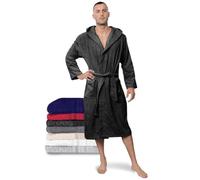 Bathrobe 100% Cotton OEKO-TEX Certified - L Dark Grey - Premium Dressing Gown Absorbent Towelling with Hood, 2 Pockets, Belt